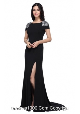 Black Scoop Cap Sleeves High Slit Brush Train Beading Prom Dresses