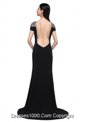 Black Scoop Cap Sleeves High Slit Brush Train Beading Prom Dresses