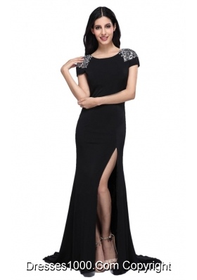 Black Scoop Cap Sleeves High Slit Brush Train Beading Prom Dresses