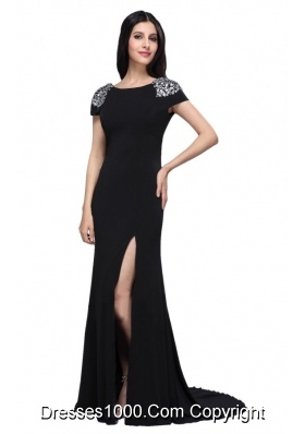 Black Scoop Cap Sleeves High Slit Brush Train Beading Prom Dresses