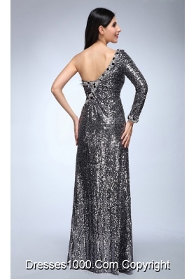 Silver One Shoulder Long Sleeve High Slit Sequins Prom Celebrity Dress