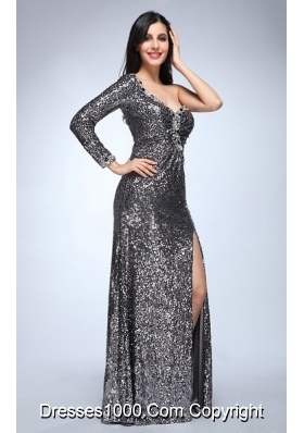 Silver One Shoulder Long Sleeve High Slit Sequins Prom Celebrity Dress