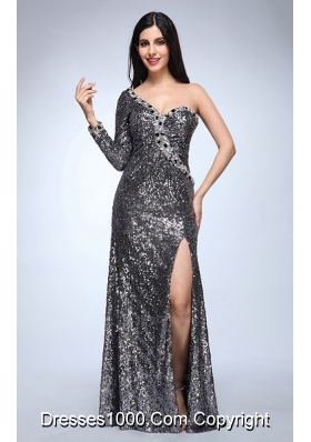 Silver One Shoulder Long Sleeve High Slit Sequins Prom Celebrity Dress