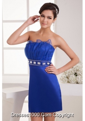 Blue Column Strapless Mini-length Prom Dress with Beading