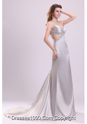 Column Straps Beading Satin Brush Train Gray Prom Dress Open Back