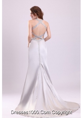 Column Straps Beading Satin Brush Train Gray Prom Dress Open Back