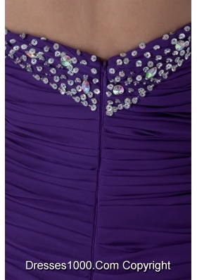 Column Sweetheart Mini-length Purple Chiffon Prom Dress with Beading