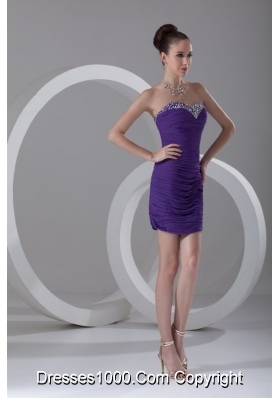 Column Sweetheart Mini-length Purple Chiffon Prom Dress with Beading