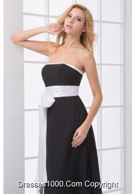 Strapless White and Black Prom Bridesmaid Dress with Bowknot