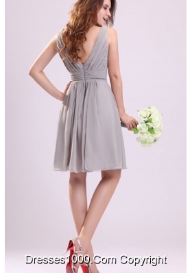 Chiffon Knee-length Empire Gray V-neck Ruching Prom Pageant Dress