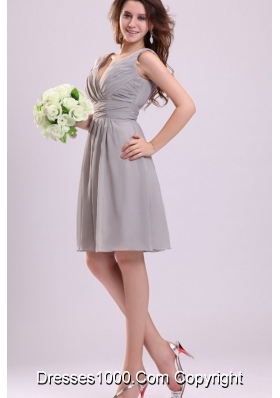 Chiffon Knee-length Empire Gray V-neck Ruching Prom Pageant Dress