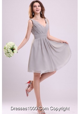Chiffon Knee-length Empire Gray V-neck Ruching Prom Pageant Dress