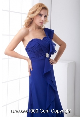 Royal One Shoulder Prom Dress with Beading and Floral Sleeves