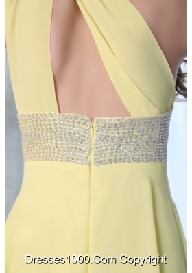 Yellow One Shoulder Prom Dress with Sequins Sash and Train