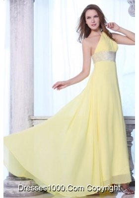 Yellow One Shoulder Prom Dress with Sequins Sash and Train