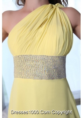 Yellow One Shoulder Prom Dress with Sequins Sash and Train