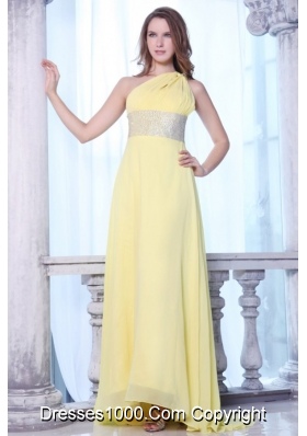 Yellow One Shoulder Prom Dress with Sequins Sash and Train