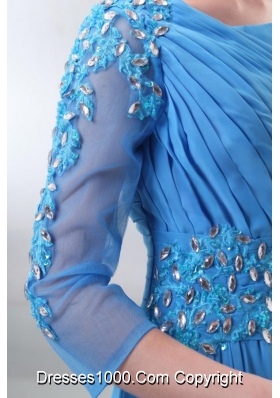 Empire Scoop Appliques with Beading Blue Prom Dress with Sleeves