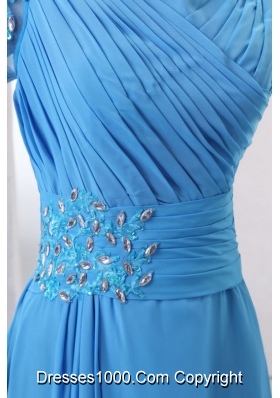 Empire Scoop Appliques with Beading Blue Prom Dress with Sleeves