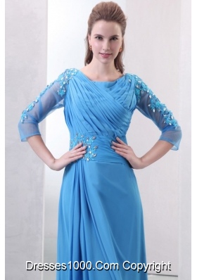 Empire Scoop Appliques with Beading Blue Prom Dress with Sleeves