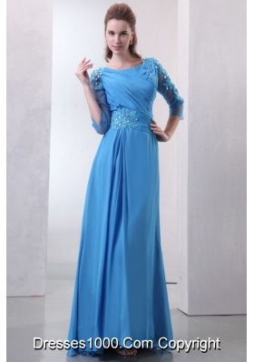 Empire Scoop Appliques with Beading Blue Prom Dress with Sleeves