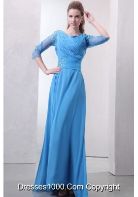 Empire Scoop Appliques with Beading Blue Prom Dress with Sleeves