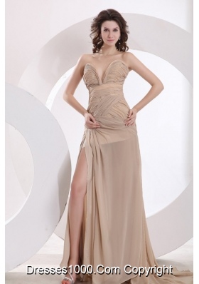 Chiffon Empire Sweetheart Champagne Ruche Brush Train Prom Dress