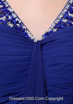 Royal Blue Empire V Neck Chiffon Prom Dress with Beading