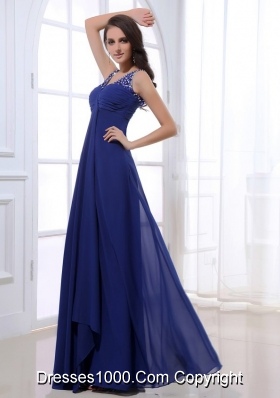 Royal Blue Empire V Neck Chiffon Prom Dress with Beading