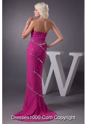 Fuchsia Strapless Beading Decorate Prom Dress with chapel Train