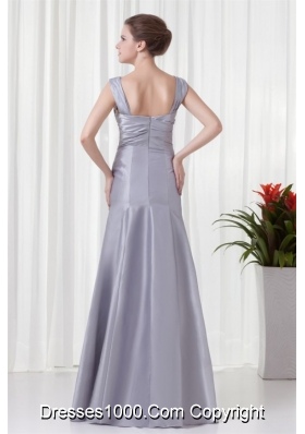 Grey Column Straps Taffeta Beading and Ruching Prom Pageant Dress