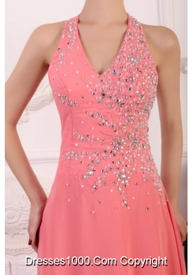 Chic Halter Top Chiffon Empire Beaded Decorate Full-length Prom Dress