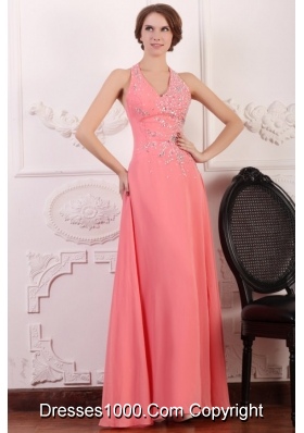 Chic Halter Top Chiffon Empire Beaded Decorate Full-length Prom Dress