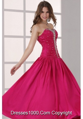 2014 Long Hot Pink Beaded Sweetheart Dress for Prom Queen