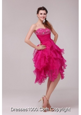 Hot Pink Sweetheart Beading and Ruffles Asymmetrical Dress for Party