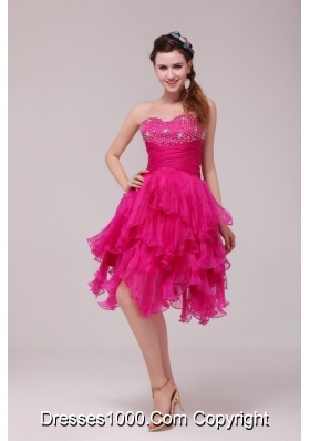 Hot Pink Sweetheart Beading and Ruffles Asymmetrical Dress for Party