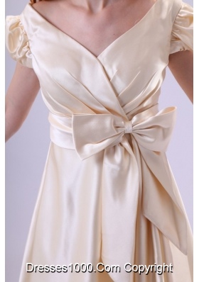 Light Yellow V-neck Cap Sleeves Bow Ruching Prom Homecoming Dress