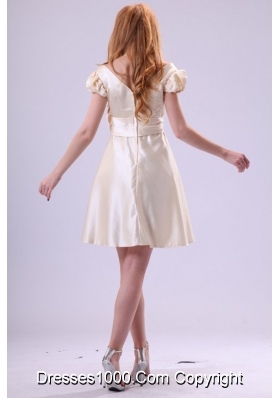 Light Yellow V-neck Cap Sleeves Bow Ruching Prom Homecoming Dress