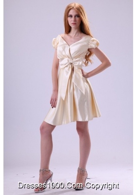 Light Yellow V-neck Cap Sleeves Bow Ruching Prom Homecoming Dress