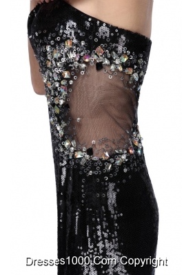 2014 Mermaid Black Strapless Sequins Brush Train Prom Pageant Dress