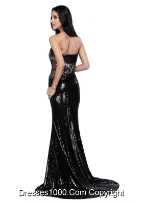 2014 Mermaid Black Strapless Sequins Brush Train Prom Pageant Dress