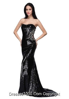 2014 Mermaid Black Strapless Sequins Brush Train Prom Pageant Dress