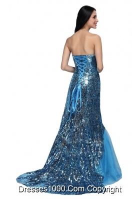 Mermaid Blue Sweetheart Sequins Long Prom Dress with Beading 2014