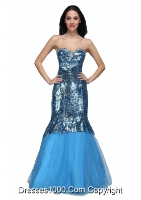 Mermaid Blue Sweetheart Sequins Long Prom Dress with Beading 2014