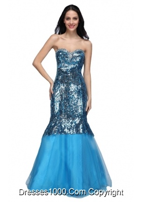 Mermaid Blue Sweetheart Sequins Long Prom Dress with Beading 2014