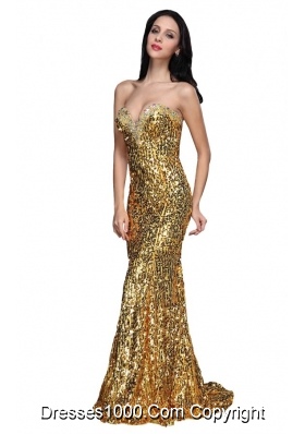 Mermaid Gold Sweetheart Sequins Beading Floor-length Prom Dresses