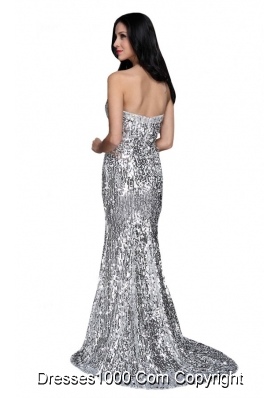 Mermaid Silver Sequins Sweetheart Beading Brush Train Prom Dress