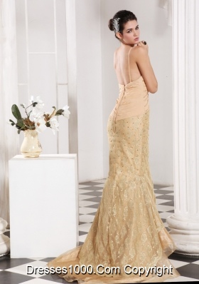 Champagne Mermaid Style Lace and Beading Decorate Prom Dress