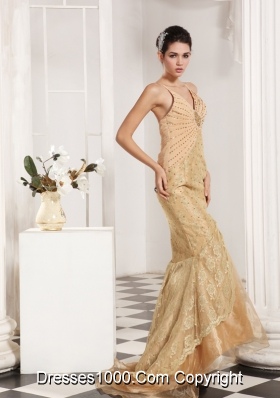 Champagne Mermaid Style Lace and Beading Decorate Prom Dress