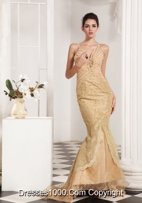 Champagne Mermaid Style Lace and Beading Decorate Prom Dress